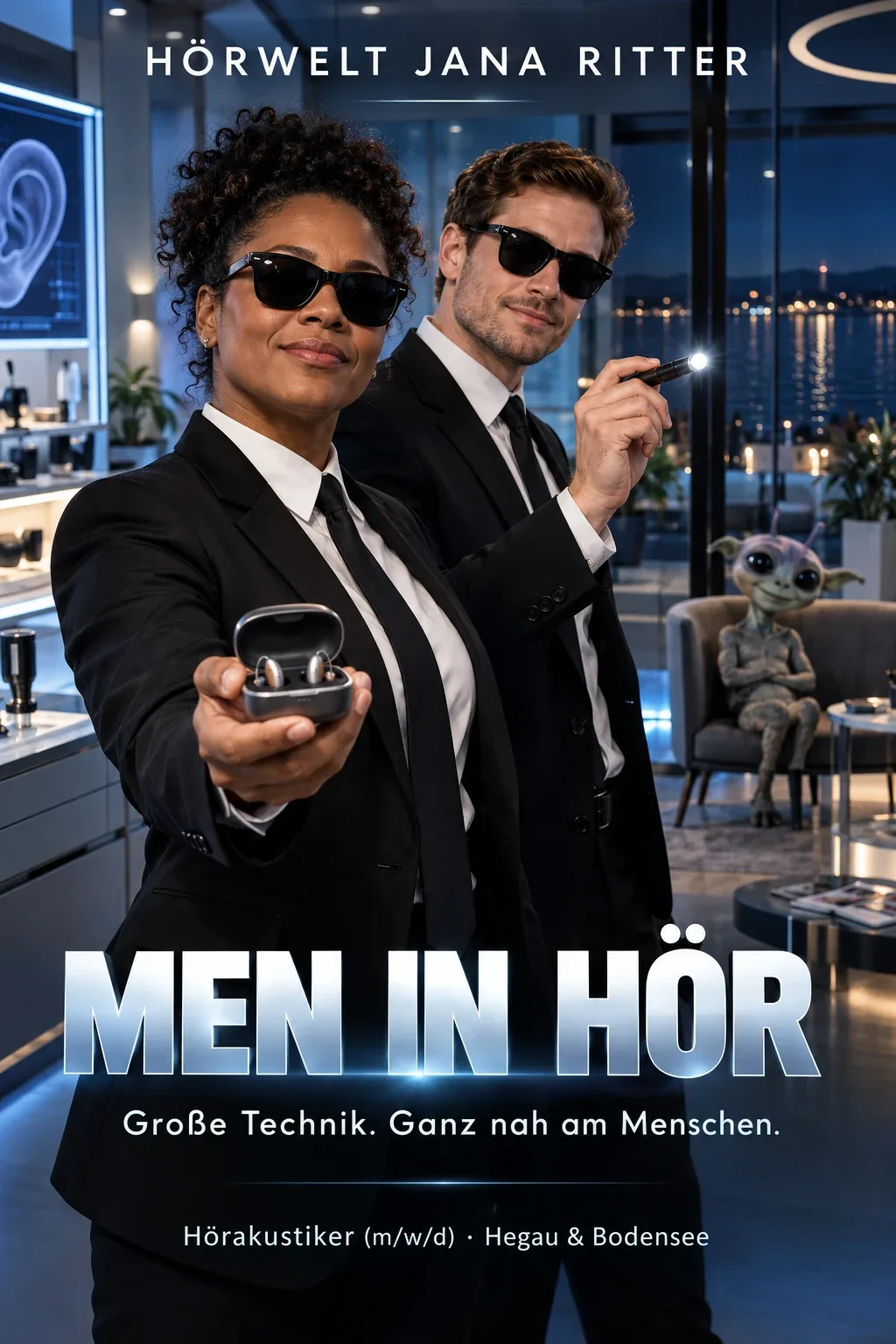 Motiv zur Recruiting-Story: Men in Hör: Deine Men-in-Black-Mission als Hörakustiker (m/w/d) im Landkreis Konstanz