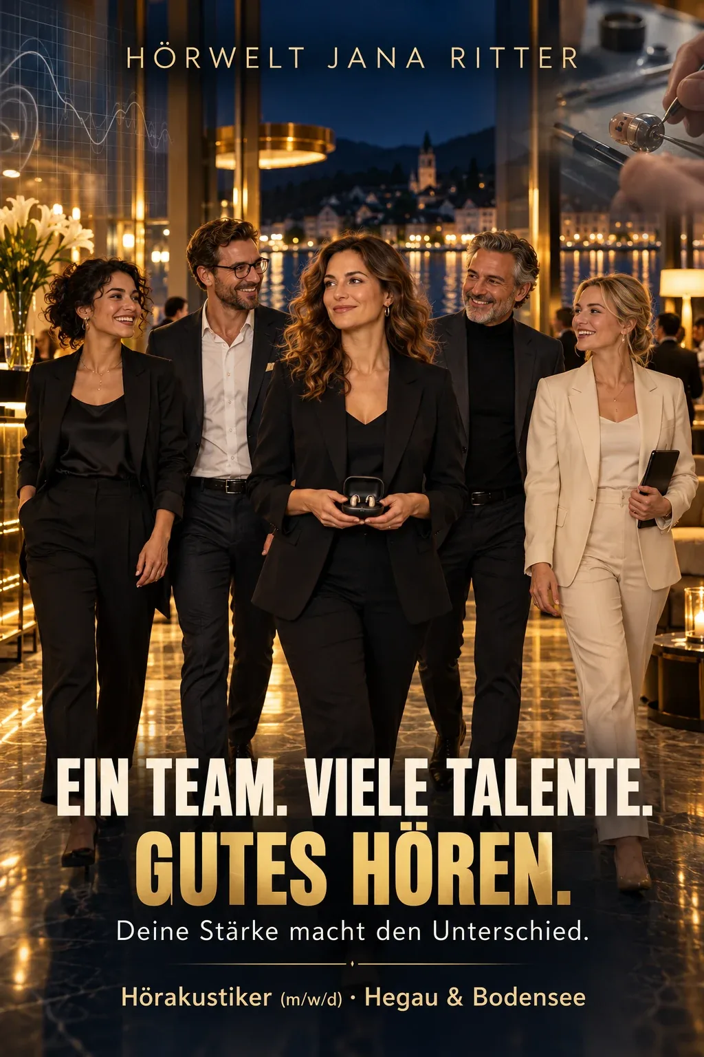 Motiv zur Recruiting-Story: Ein Team. Viele Talente. Gutes Hören. Eine Ocean’s-Eleven-Story für Hörakustiker (m/w/d) am Bodensee